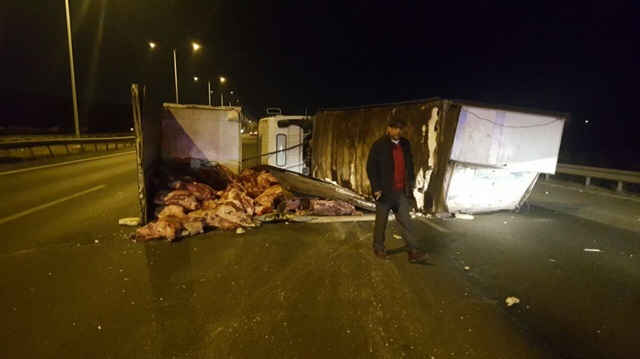 Et yüklü TIR devrildi