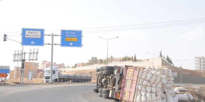 Cizre’de virajı alamayan saman yüklü kamyon kaza yaptı