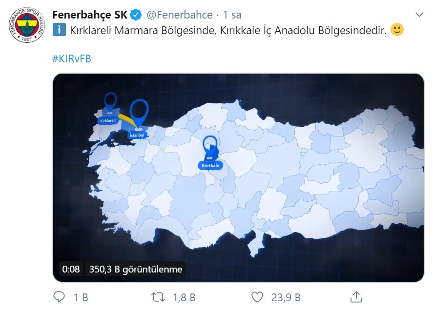 Fenerbahçe’den coğrafya dersi: Kırıkkale’nin yerini haritadan gösterdi 