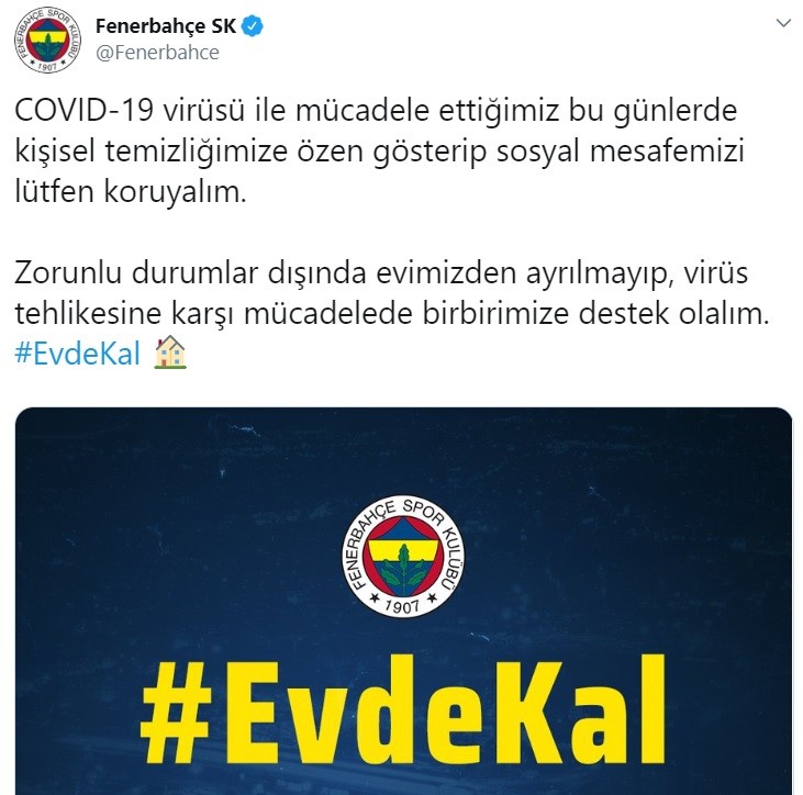 Fenerbahçe’den ’Evde Kal’ çağrısı 