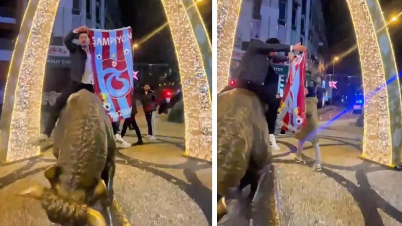 Fenerbahçeli taraftarlar çıldıracak! Boğa heykelinin üzerinde öyle bir şey yaptı ki...