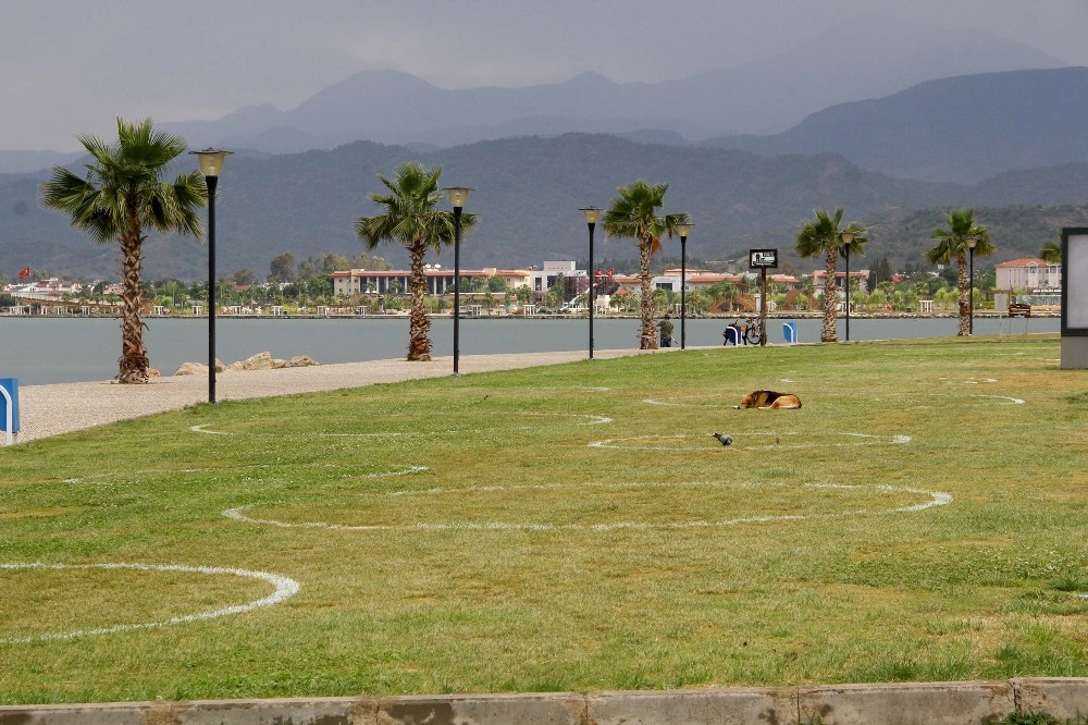Fethiye’de sahil bandında çemberli sosyal mesafe dönemi 