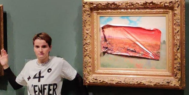 Fransız vatandaş Monet'nin tablosuna onu yapıştırdı! Tepki için böyle bir şeyle cevap verdi