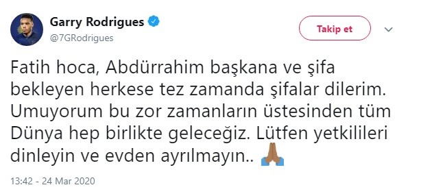 Garry Rodrigues’den Fatih Terim ve Abdurrahim Albayrak’a geçmiş olsun mesajı 