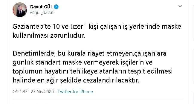 Gaziantep’te maske zorunluluğu 