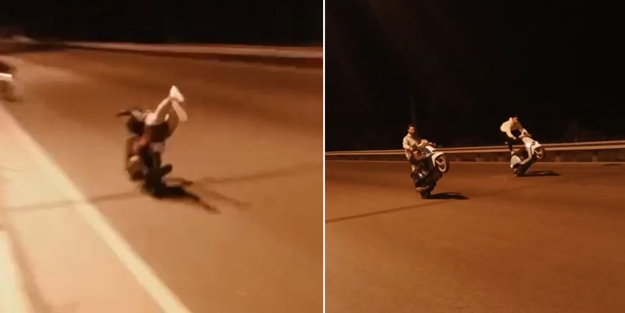 Gençlerden tehlikeli motosiklet yarışı! Akrobatik hareketlerle ölüme davetiye çıkardılar