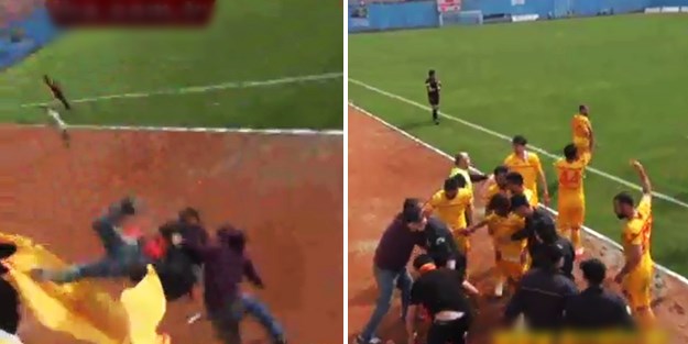 Gole sevinirken tribünden düşen taraftarın yardımına futbolcular koştu