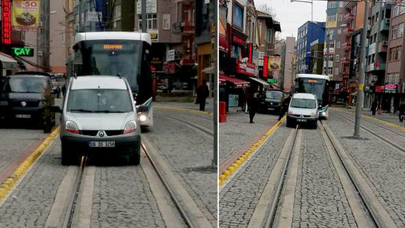 Hem suçlu hem güçlü! Tramvay yoluna park etti ve...