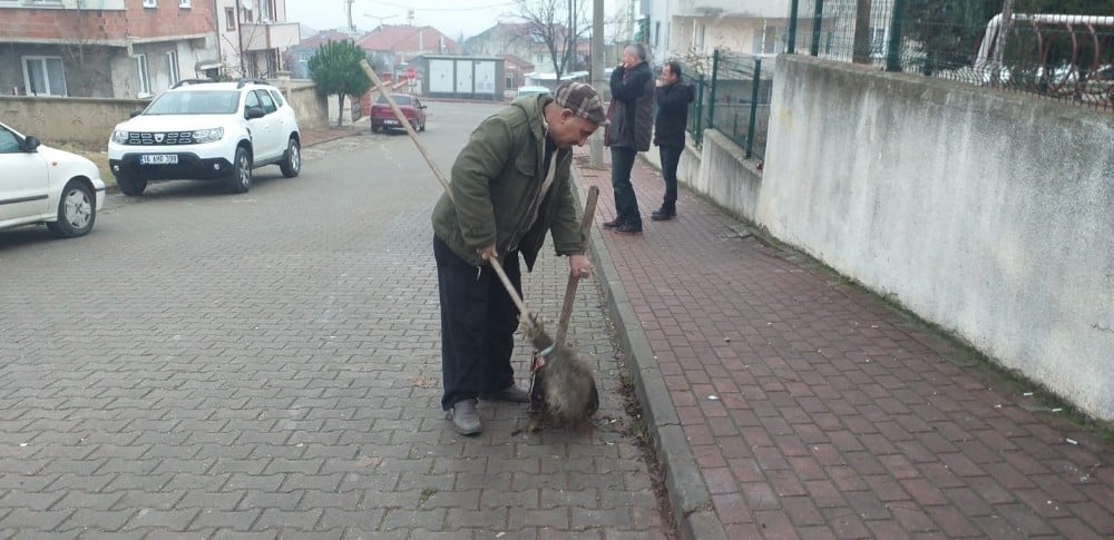 Her gün oturduğu caddeyi temizliyor 