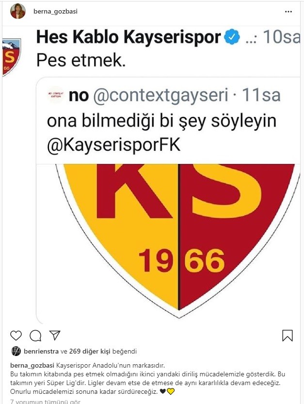 Hes Kablo Kayseripor Kulübü Başkanı Gözbaşı: 