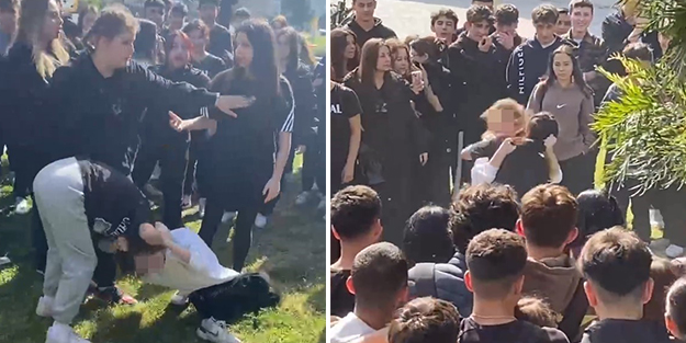 İki kız kavga ederken arkadaşları kışkırttı! Gençlerin içler acısı hali kameraya yansıdı