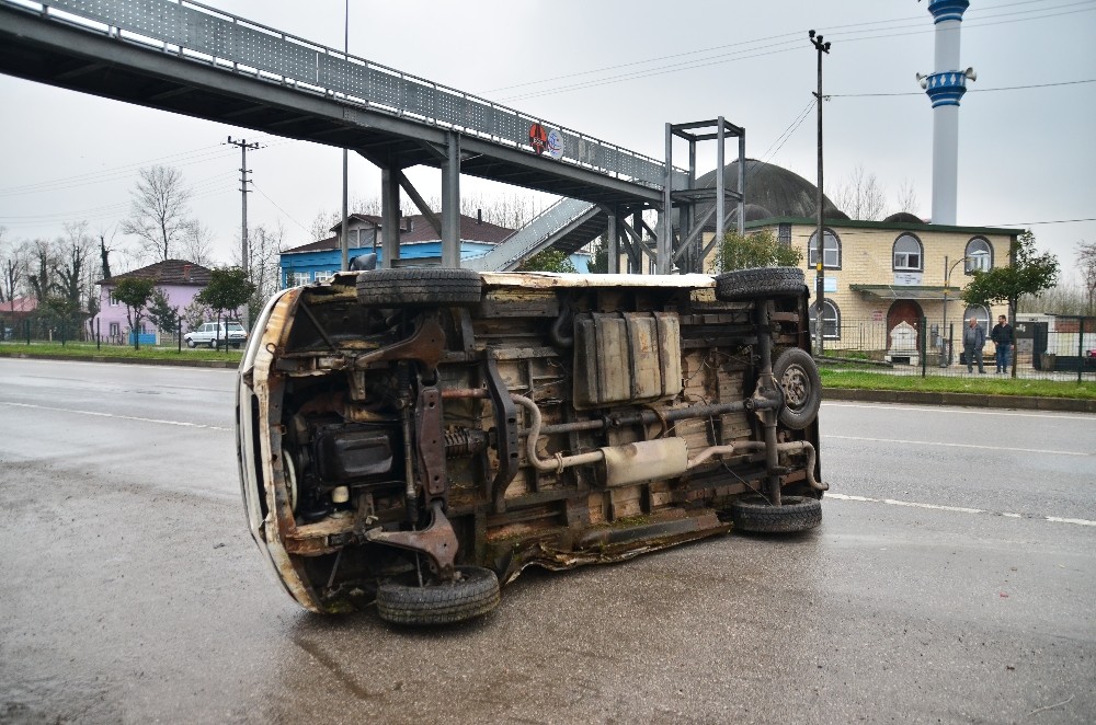 İneğe çarpmamak için manevra yapan minibüs devrildi 