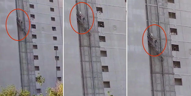 İnşaatta korku dolu anlar! İskelede asılı kaldı
