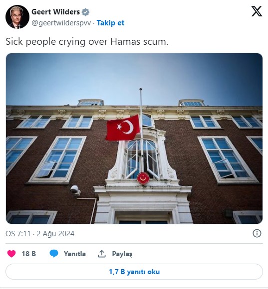Irkçı ve Soysuz Wilders yine haddini aştı! Tasması açılınca kuduruyor!