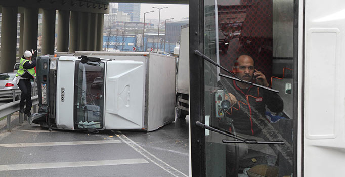 İstanbul TEM'de kamyon devrildi, burnu bile kanamadan çıktı