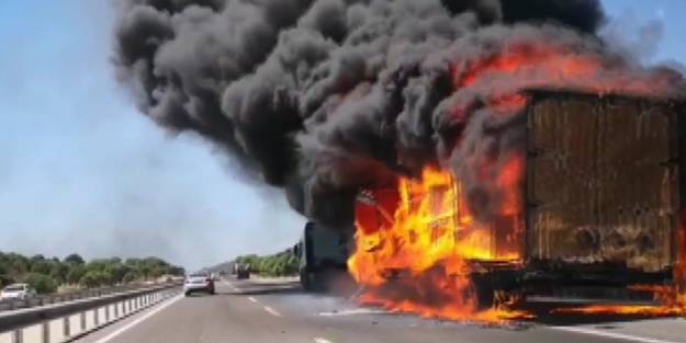 TIR alev topuna döndü, yangın makilik alana sıçradı