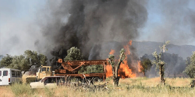 İzmir'de zeytinlikte çıkan yangına havadan ve karadan müdahale
