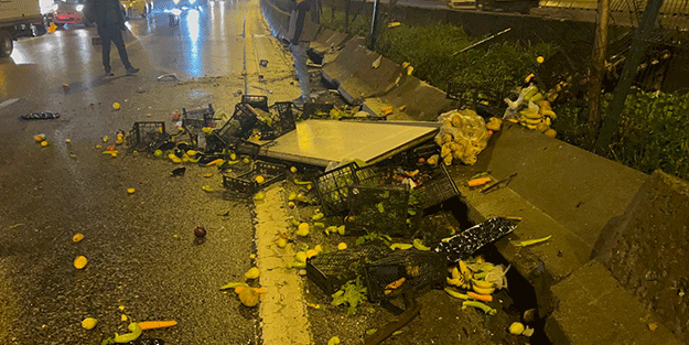 Kadıköy D-100'de, bariyerlere çarpan kamyonette bulunan meyveler yola saçıldı