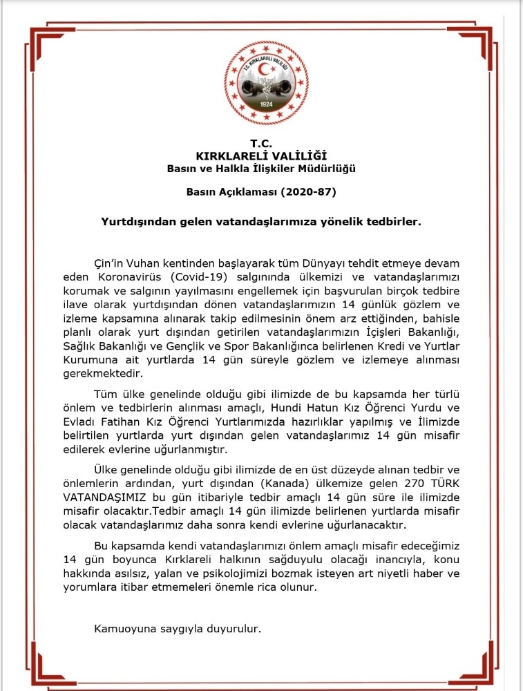 Kanada’dan getirilen 270 Türk vatandaşı Kırklareli’nde yurtlara yerleştirildi 