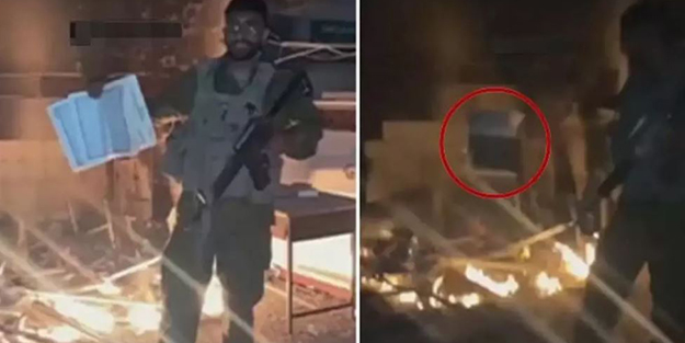 Kanı bozuk siyonist askerden alçaklık! Camide ateş yakıp Kur'an-ı Kerim'i içine attı