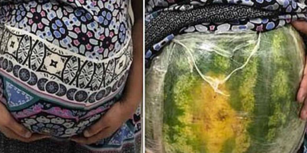 Karpuzla hamile taklidi yaptı! İçinden çıkan 'pes' dedirtti