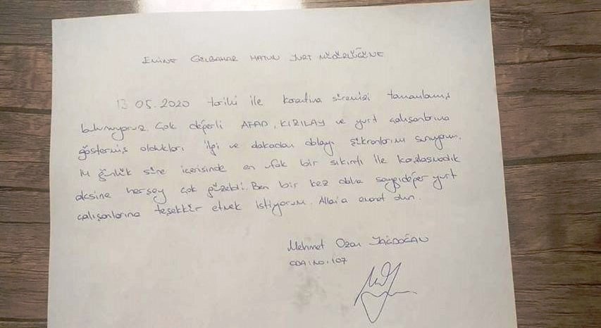 Karantina sürecini tamamlayanlardan teşekkür mektupları 