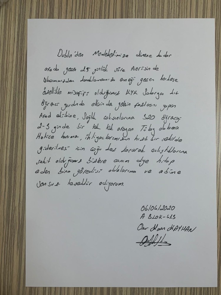 Karantina yurtlarından ayrılan vatandaşlar ekiplere teşekkür yazısı yazdı 