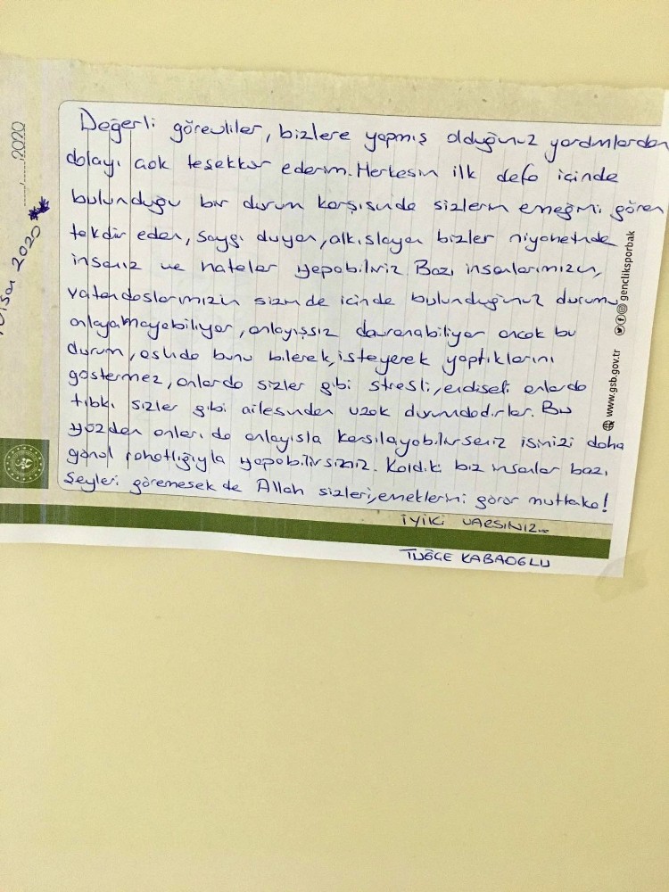 Karantinadaki vatandaşlardan görevlilere teşekkür mektubu 