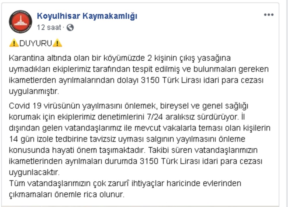 Karantinaya uymayan şahıslara para cezası 