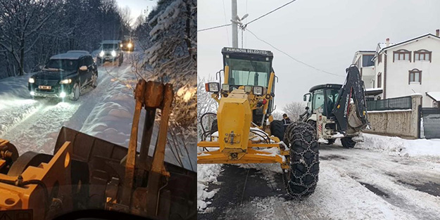 Karda mahsur kalan 10 araç iş makineleriyle kurtarıldı