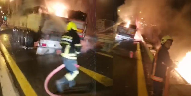 Karton yüklü tır yandı