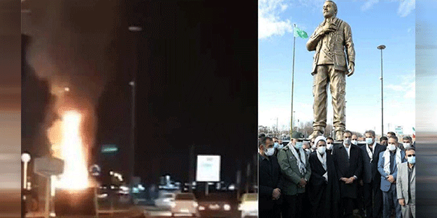 Kasım Süleymani’nin heykelini ateşe verdiler