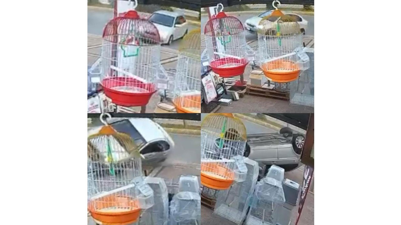 Kayan otomobil kaldırıma çarpıp takla attı! O anlar kamerada