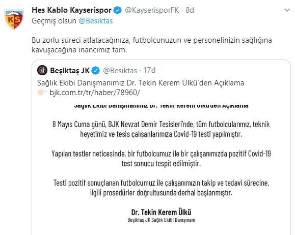 Kayserispor’dan Beşiktaş’a geçmiş olsun mesajı 