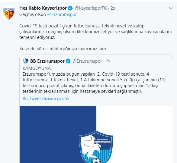 Kayserispor’dan Erzurumspor’a ve Giresunspor’a geçmiş olsun mesajı 