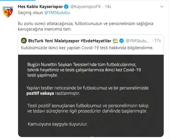 Kayserispor’dan Malatyaspor’a geçmiş olsun mesajı 