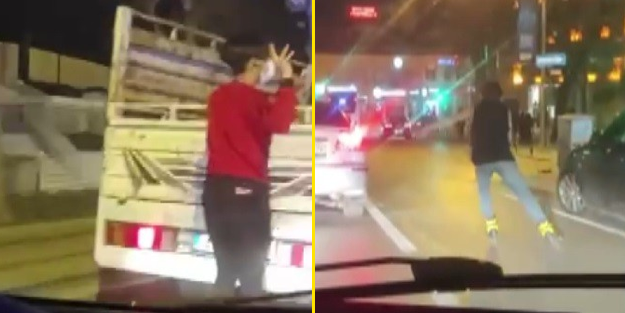 Kazalar ders olmuyor! Patenli gençlerden tehlikeli yolculuk