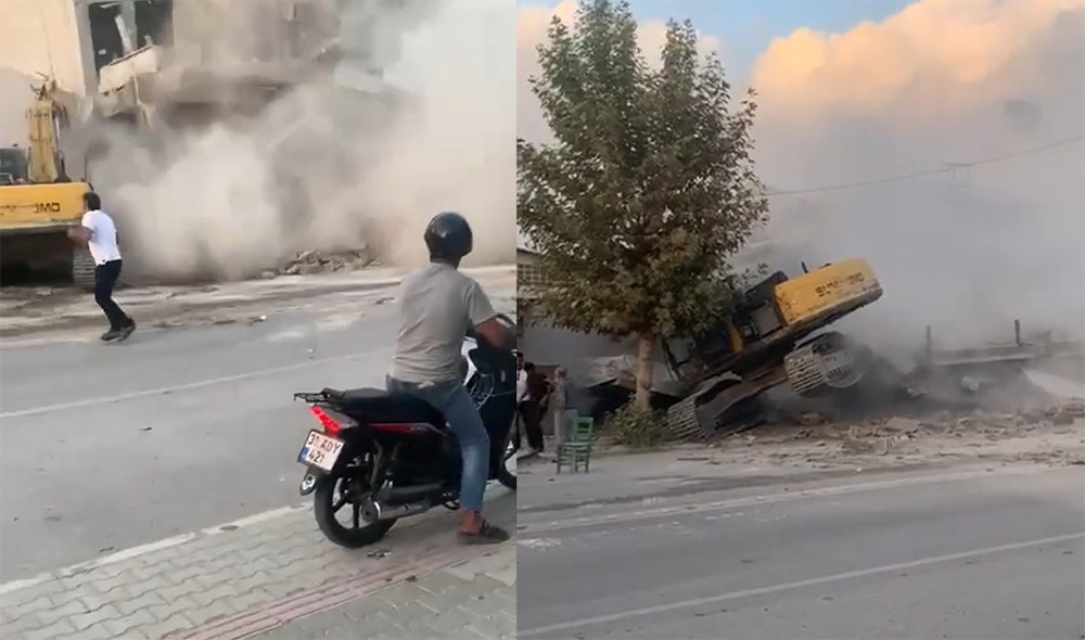 Kepçenin bir hamlesiyle bina yıkıldı! Canından oluyordu!