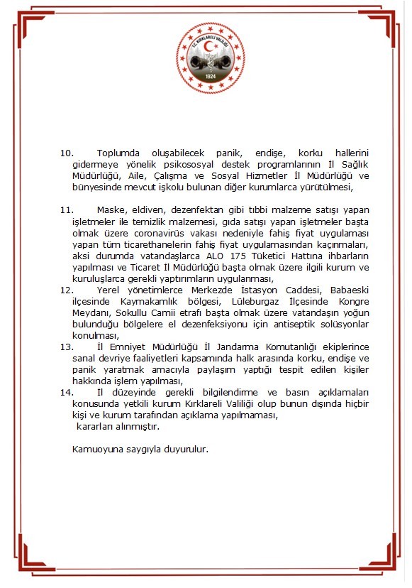 Kırklareli Valiliği’nden korona virüs kararları 