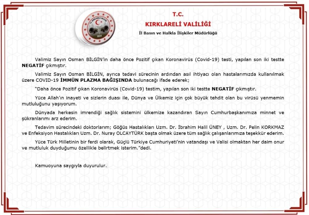 Kırklareli Valisi korona virüsü yendi 
