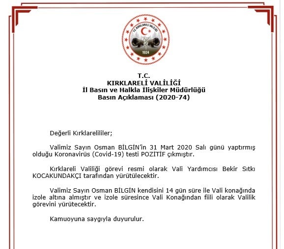 Kırklareli Valisi Osman Bilgin korona virüse yakalandı 