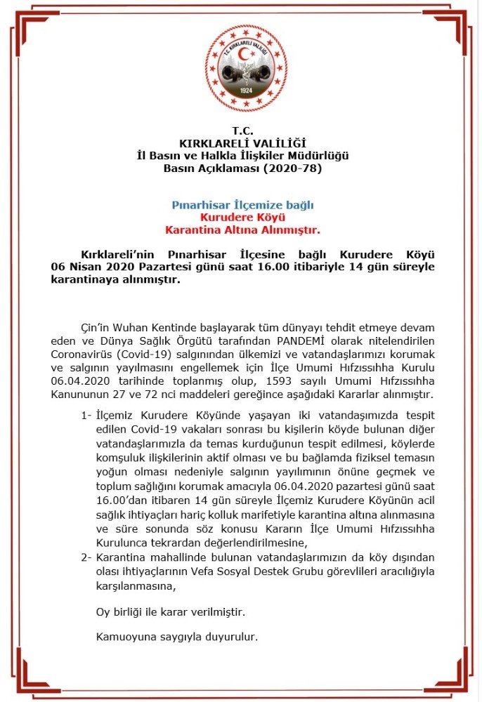 Kırklareli’de bir köy karantina altına alındı 