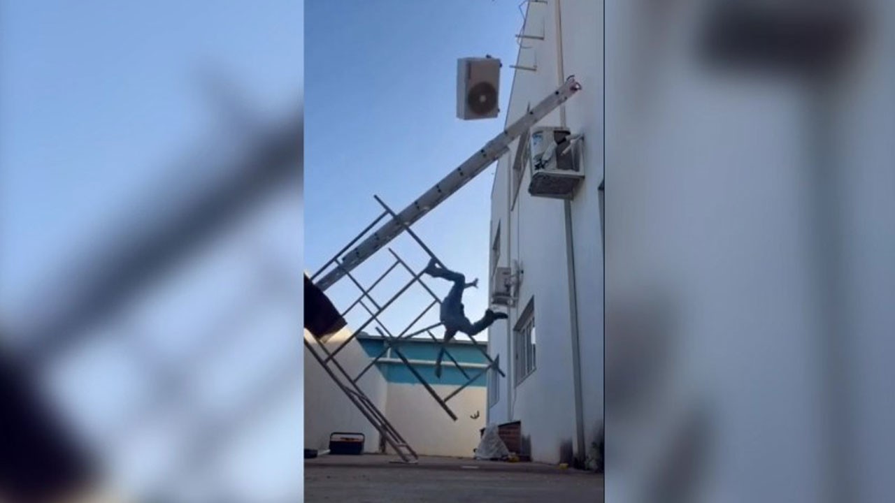 Klima montajı faciası! İskeleyle birlikte düştü