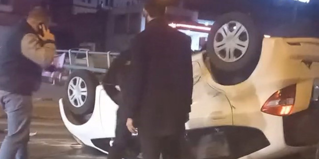 Kontrolden çıkan otomobil takla atarak ters durabildi