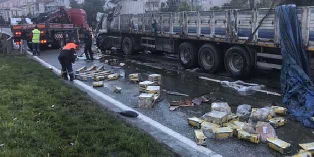 Kontrolden çıkan TIR devrildi, hepsi yola döküldü