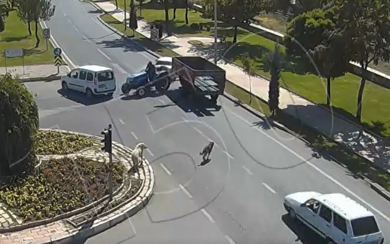 Köpeğe çarpmamak için durdu, traktör ona çarptı, kaza anları kamerada 
