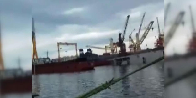 Korku dolu anlar! Tersanedeki vinç devrildi