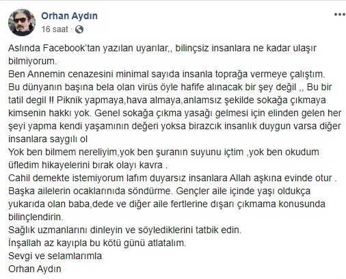 Korona sürecinde oyuncu Orhan Aydın’dan annesinin cenaze töreninde örnek davranış 
