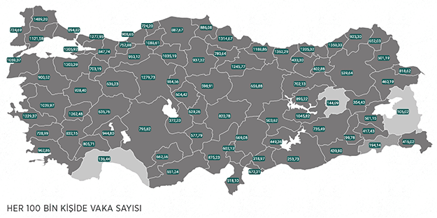 Koronavirüs vakaları tüm illerde 100 bin kişide 100'ü aştı