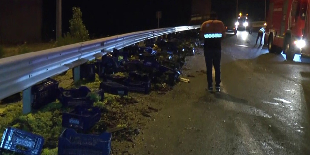 Kuzey Marmara Otoyolu’nda üzüm yüklü kamyon devrildi: 1’i ağır 2 yaralı